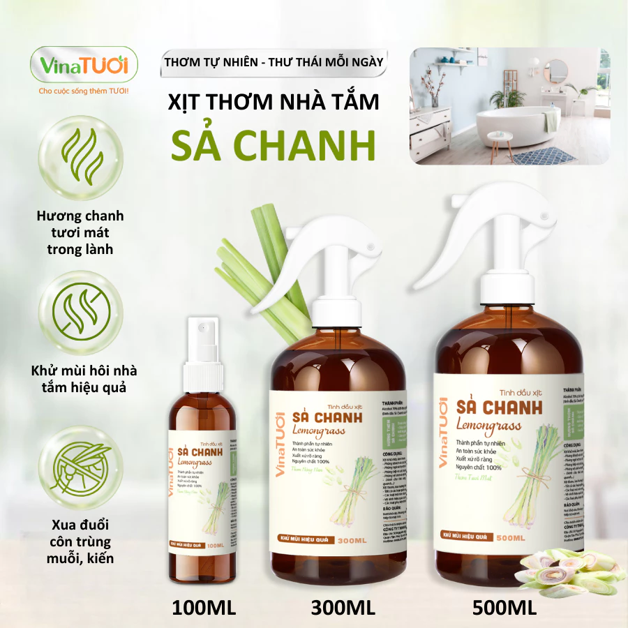 Xịt Đuổi Côn Trùng Vina Tươi 500ml An Toàn Cho Bé, Khử Mùi Nhà Cửa Tinh Dầu Thiên Nhiên mùi Sả Chanh