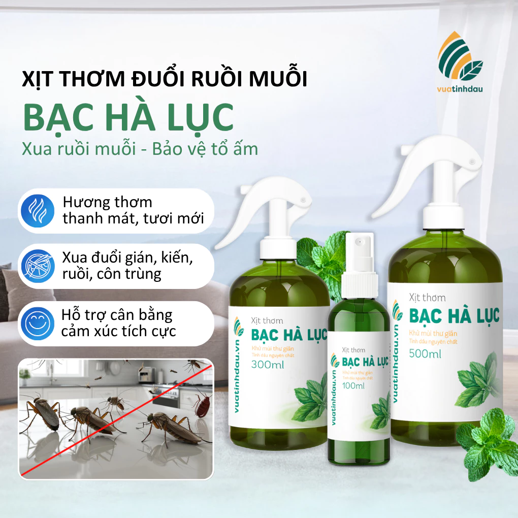 Xịt Muỗi Tinh Dầu Bạc Hà Lục VUATINHDAU 300ml An Toàn Cho Bé, Đuổi Gián Kiến Khử Mùi