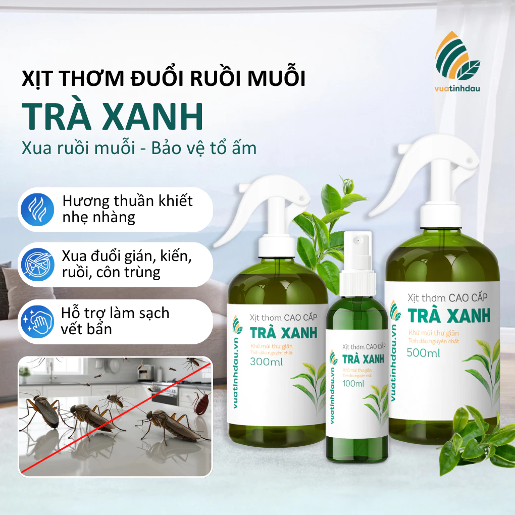 Xịt Muỗi Tinh Dầu Trà Xanh VUATINHDAU 300ml An Toàn Cho Bé, Đuổi Gián Kiến Khử Mùi