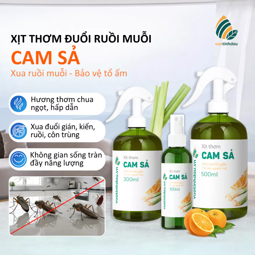 Xịt Muỗi Tinh Dầu Cam Sả VUATINHDAU 300ml An Toàn Cho Bé, Đuổi Gián Kiến Khử Mùi