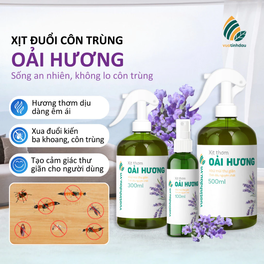 Xịt Đuổi Côn Trùng VUATINHDAU 300ml An Toàn Cho Bé, Khử Mùi Nhà Cửa Tinh Dầu Thiên Nhiên Mùi Oải Hương