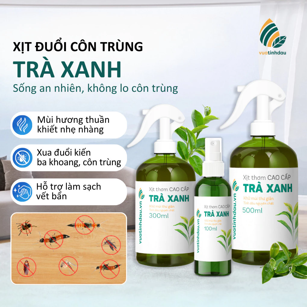 Xịt Đuổi Côn Trùng VUATINHDAU 500ml An Toàn Cho Bé, Khử Mùi Nhà Cửa Tinh Dầu Thiên Nhiên Mùi Trà Xanh