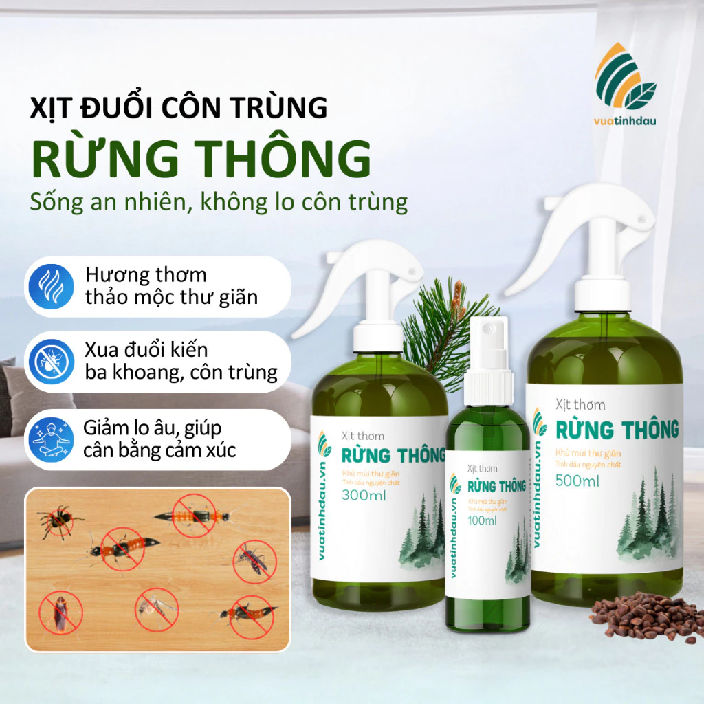Xịt Đuổi Côn Trùng VUATINHDAU 300ml An Toàn Cho Bé, Khử Mùi Nhà Cửa Tinh Dầu Thiên Nhiên Mùi Rừng Thông