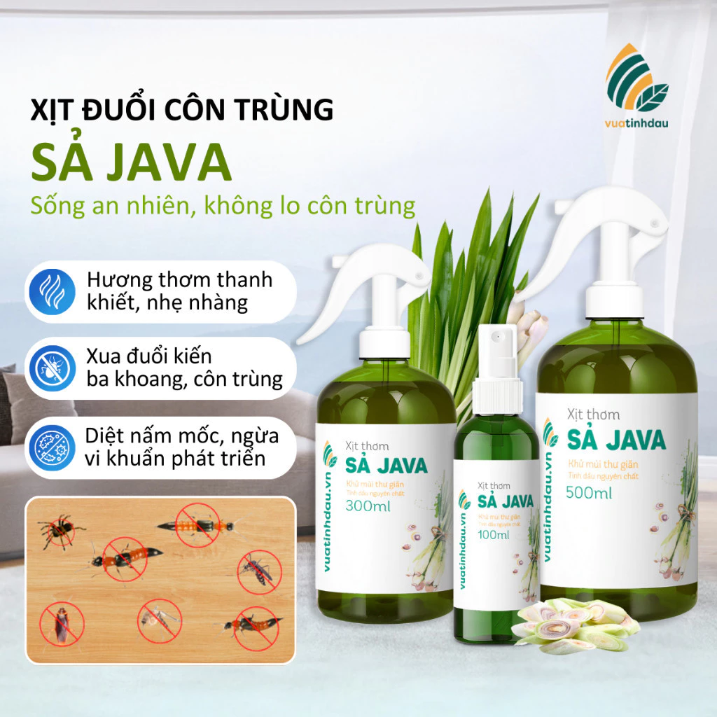 Xịt Đuổi Côn Trùng VUATINHDAU 300ml An Toàn Cho Bé, Khử Mùi Nhà Cửa Tinh Dầu Thiên Nhiên Mùi Sả Java