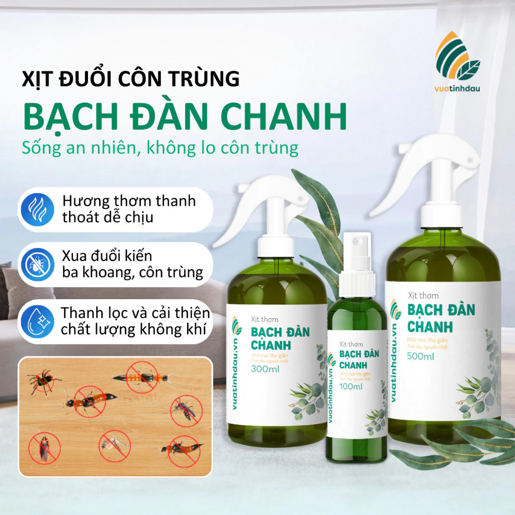 Xịt Đuổi Côn Trùng VUATINHDAU 300ml An Toàn Cho Bé, Khử Mùi Nhà Cửa Tinh Dầu Thiên Nhiên Mùi Bạch Đàn Chanh