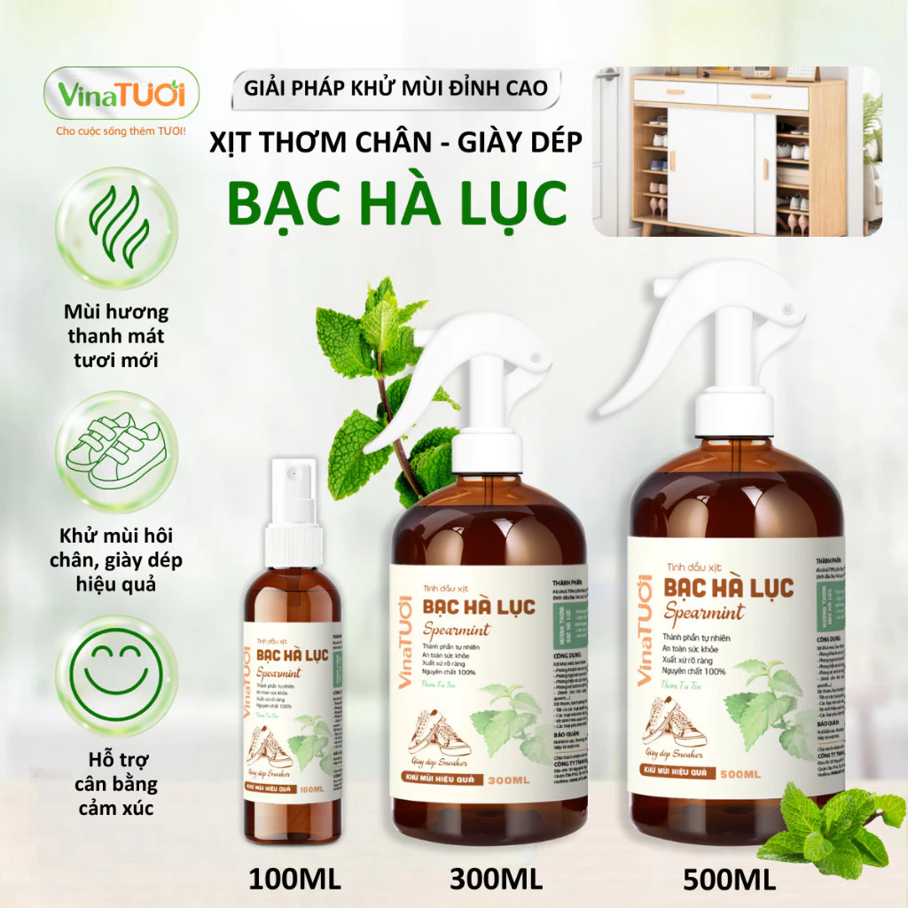 Xịt Khử Mùi Hôi Chân Giày VINA TƯƠI 300ml Tinh Dầu Thiên Nhiên Khử Khuẩn An Toàn Mùi bạc hà lục