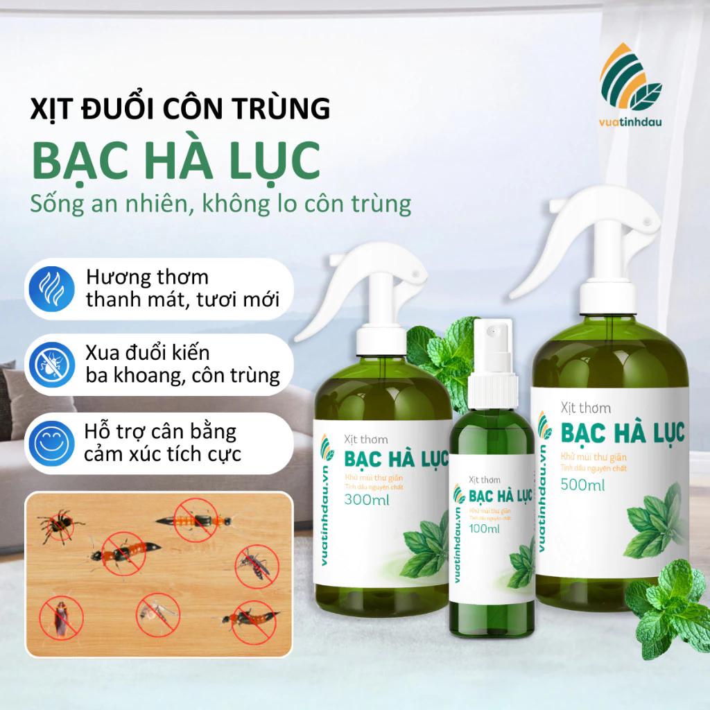 Xịt Đuổi Côn Trùng VUATINHDAU 300ml An Toàn Cho Bé, Khử Mùi Nhà Cửa Tinh Dầu Thiên Nhiên Mùi Bạc Hà Lục