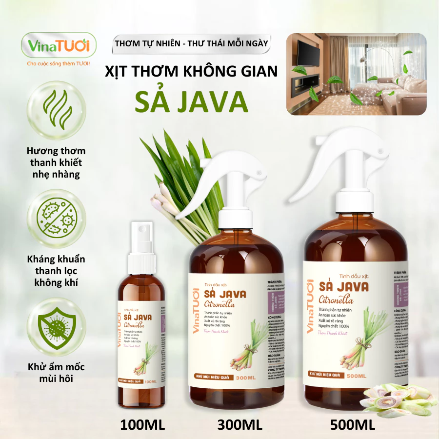 Bình Xịt Thơm Phòng Tinh Dầu Thiên Nhiên Vina Tươi 500ml Thư Giãn, Đuỗi Muỗi, Côn Trùng Mùi Sả Java
