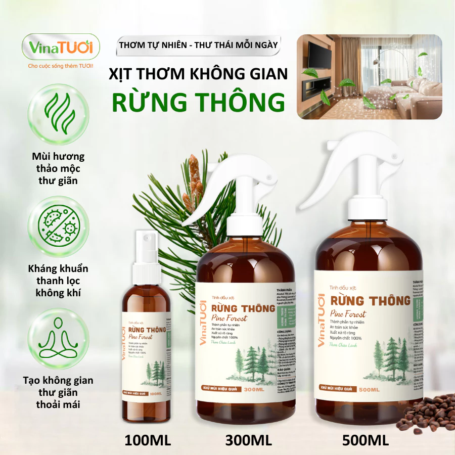 Bình Xịt Thơm Phòng Tinh Dầu Thiên Nhiên Vina Tươi 100ml Thư Giãn, Đuỗi Muỗi, Côn Trùng Mùi Rừng Thông