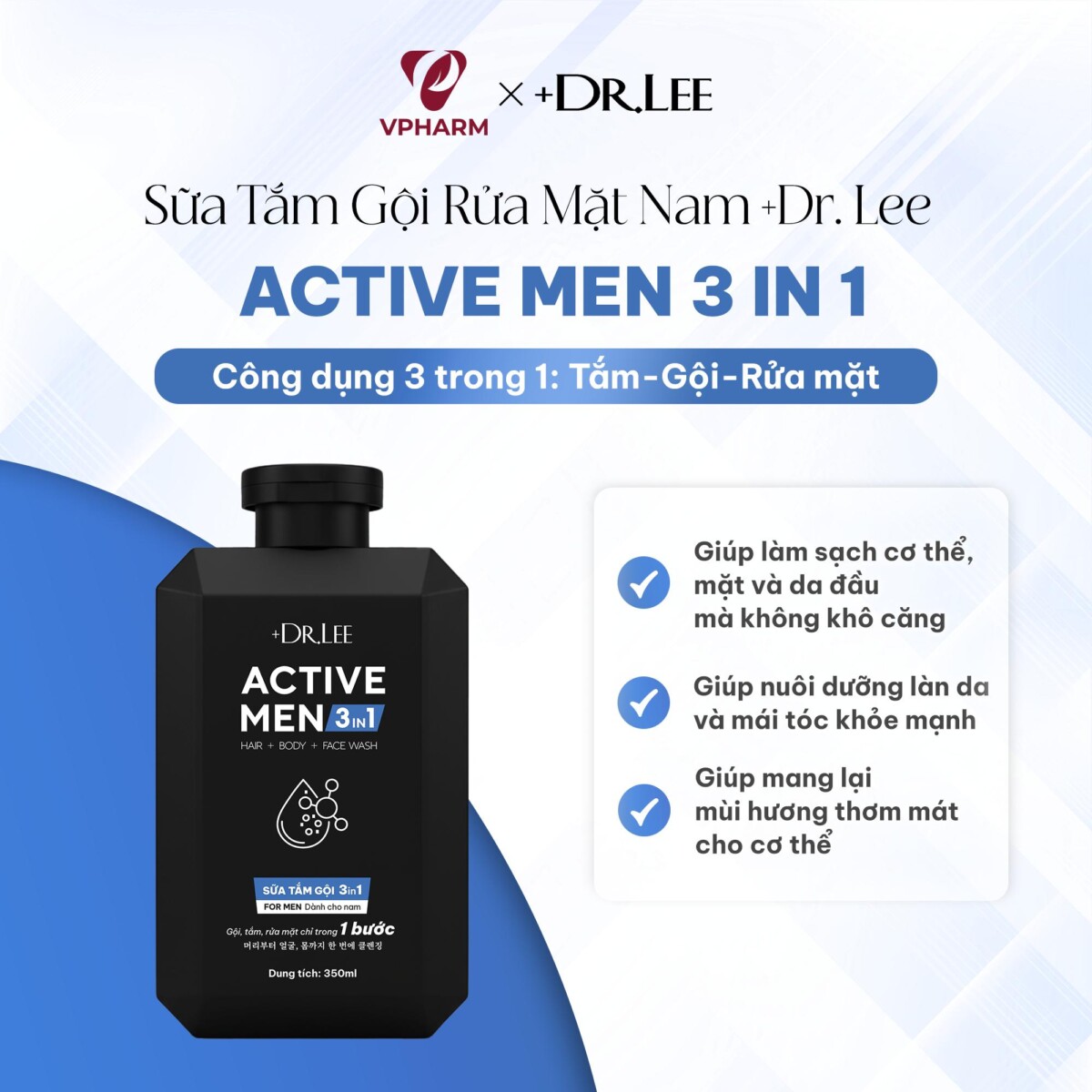Sữa Tắm Gội Rửa Mặt Nam 3in1 +Dr.Lee Active Men 350ml