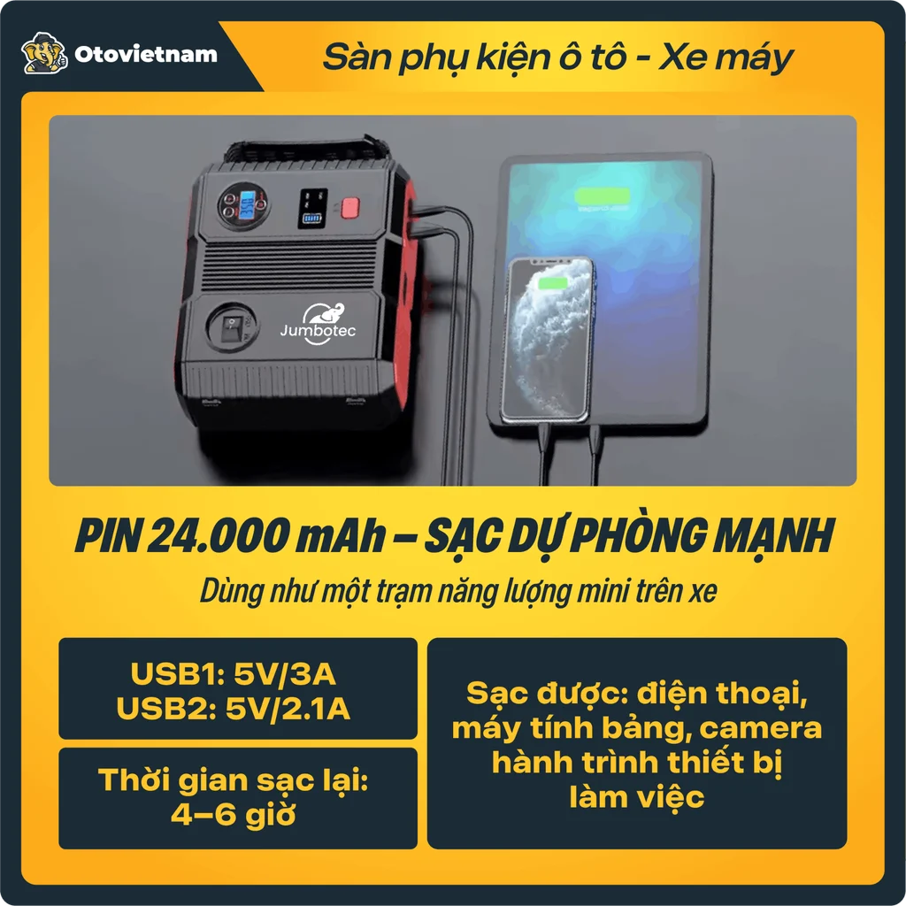Jumbotec BM600 Máy Bơm Lốp Kiêm Kích Bình Công Suất Cao 24.000mAh - Hình ảnh 4